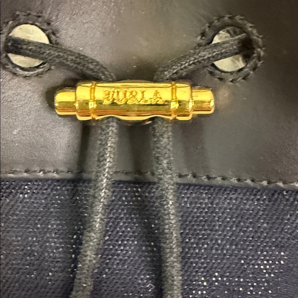 Furla Stacy Mini Bucket Bag Navy Canvas & Black Leather Crossbody EUC - Picture 3 of 9